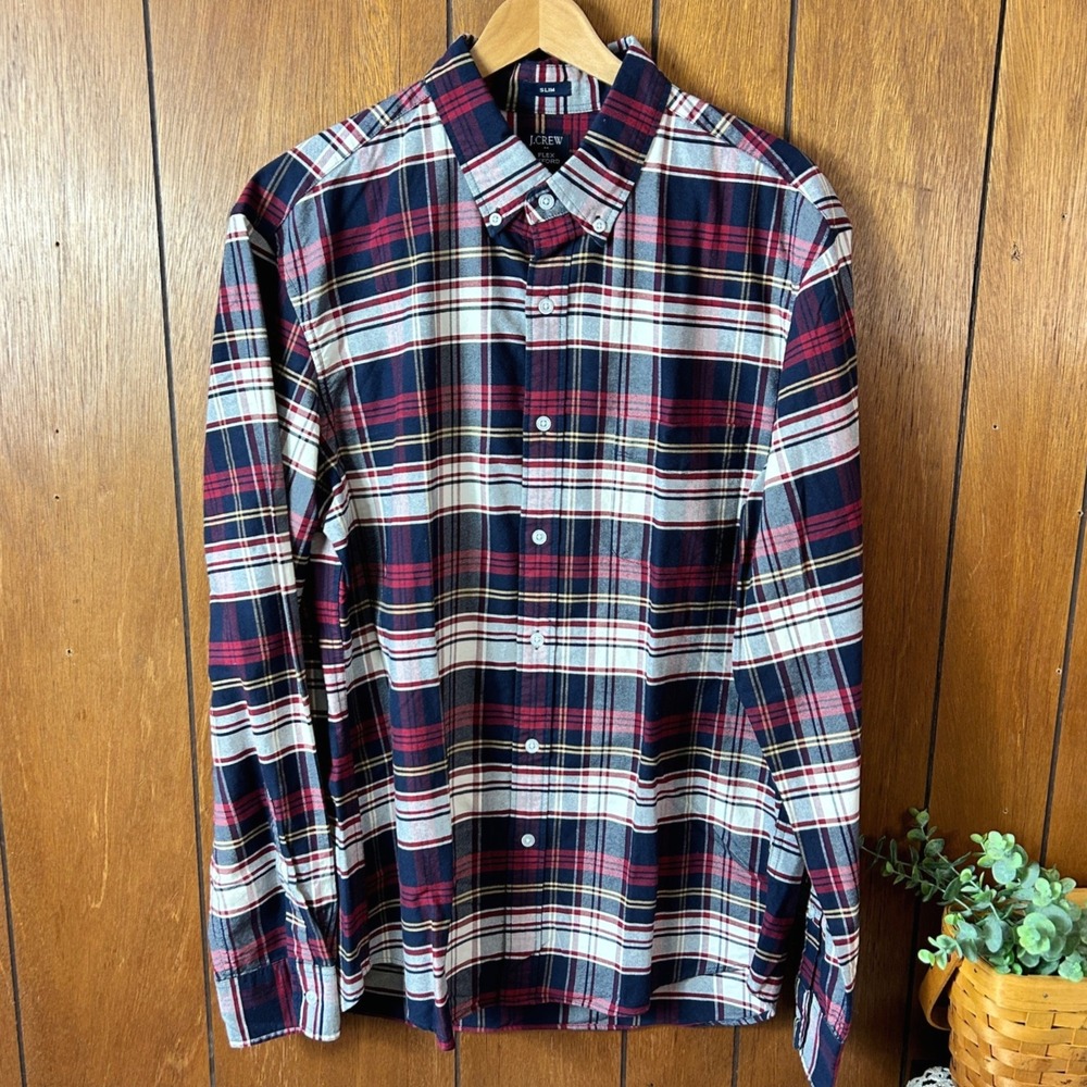 J Crew Flex Oxford Slim Fit Plaid Button Down Shirt Men Large Navy Red White
